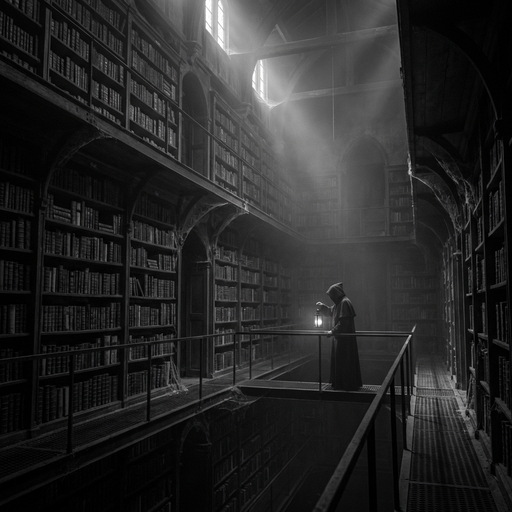 Library shelves in dark